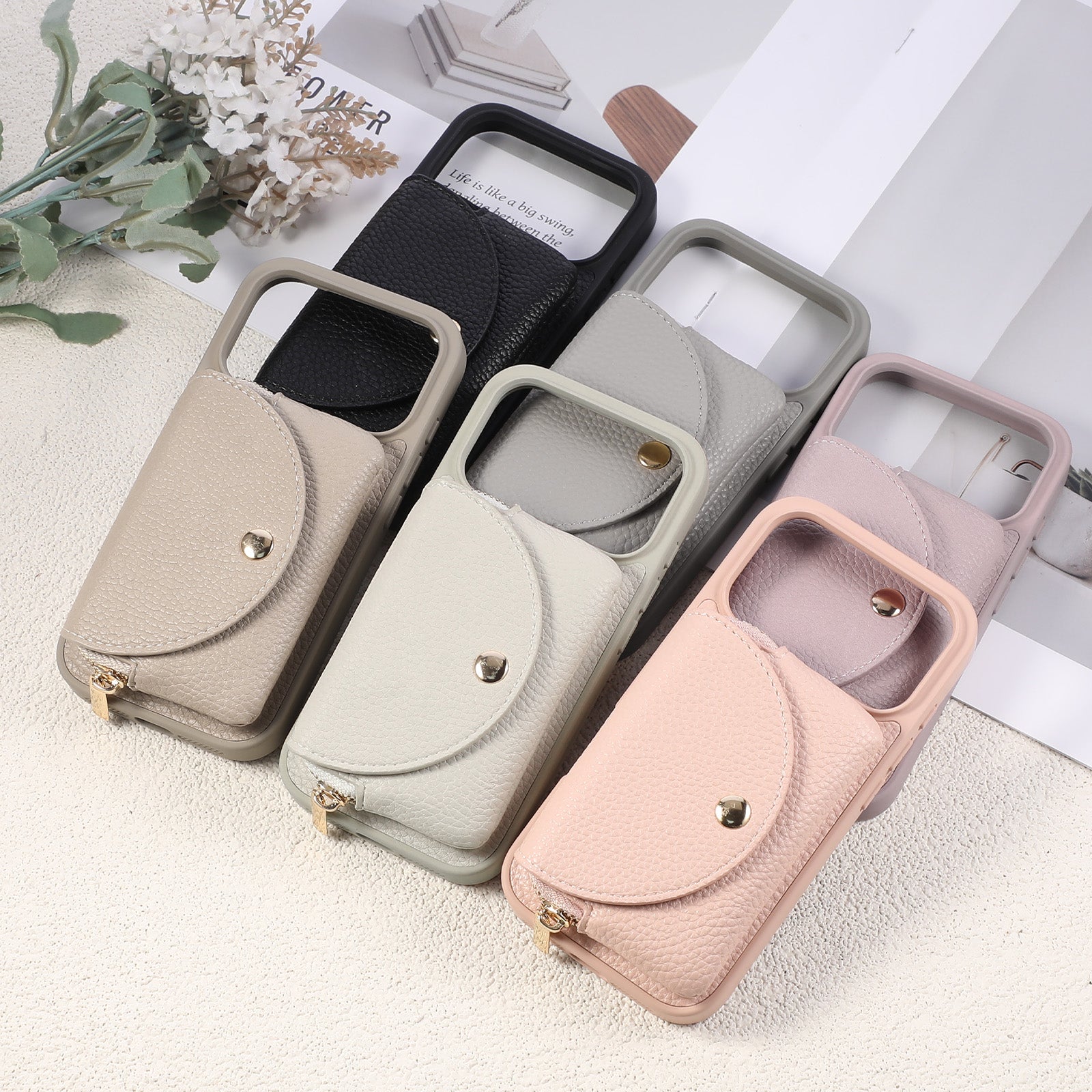 Sunyi Women Fashion Card Wallet Phone Case with Makeup Mirror & Crossbody Lanyard for iPhone Air 17 16 15 14 13 Pro Max Plus