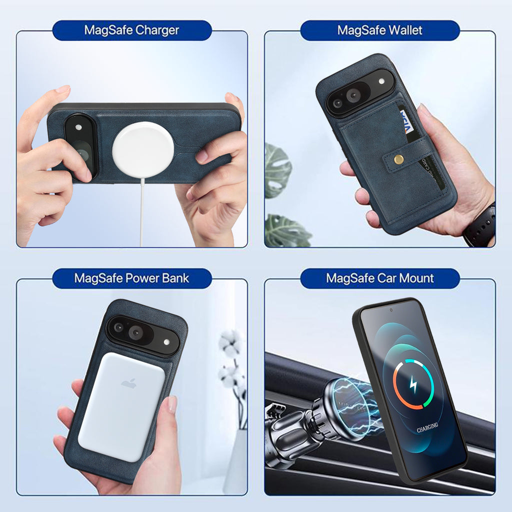 SunAram Magnetic Leather Wallet Case for Google Pixel (10/9 Pro XL/Pro/A)   with N52 Magnet, MagSafe Wireless Charging, 3 Card Slots & Slim Card Holder
