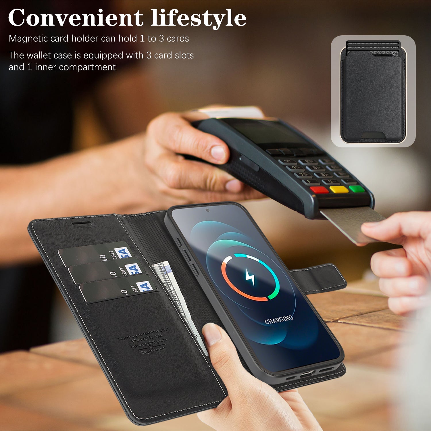 SunAram Magnetic Leather Wallet Case for iPhone (17/16/15/14 Series)   with N52 Magnet, MagSafe Wireless Charging, 3 Card Slots & Slim Card Holder
