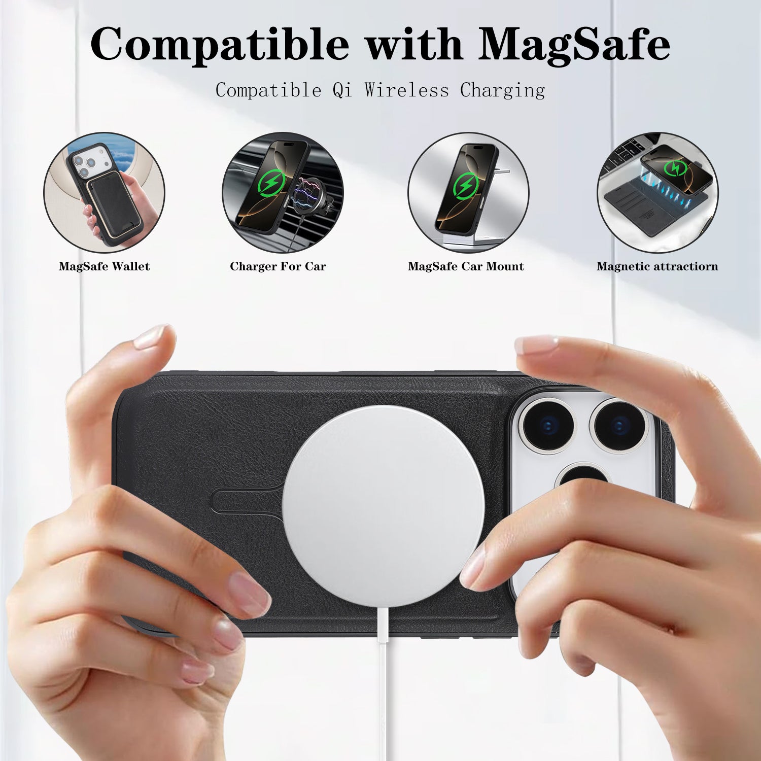 SunAram Magnetic Leather Wallet Case for iPhone (17/16/15/14 Series)   with N52 Magnet, MagSafe Wireless Charging, 3 Card Slots & Slim Card Holder
