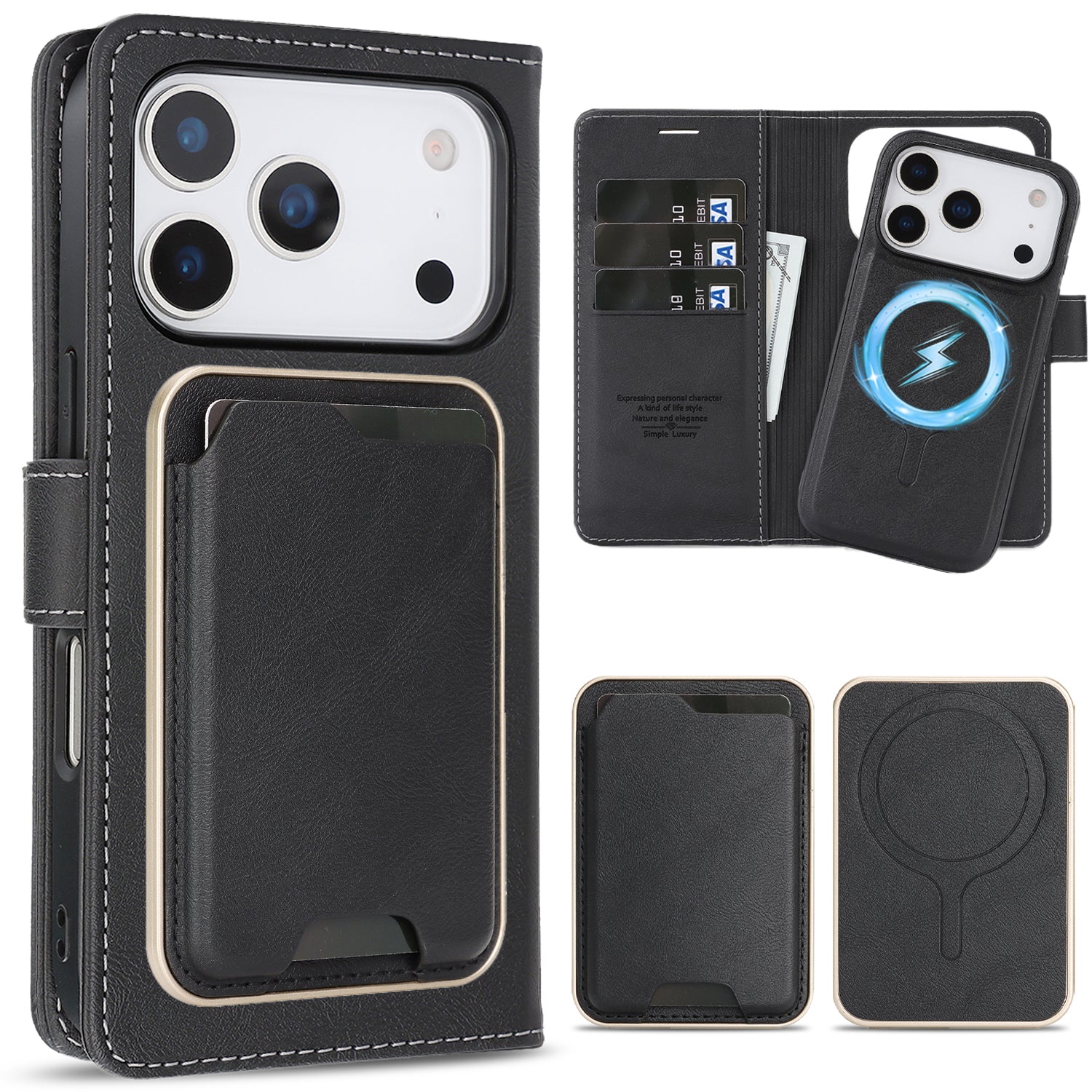 SunAram Magnetic Leather Wallet Case for iPhone (17/16/15/14 Series)   with N52 Magnet, MagSafe Wireless Charging, 3 Card Slots & Slim Card Holder