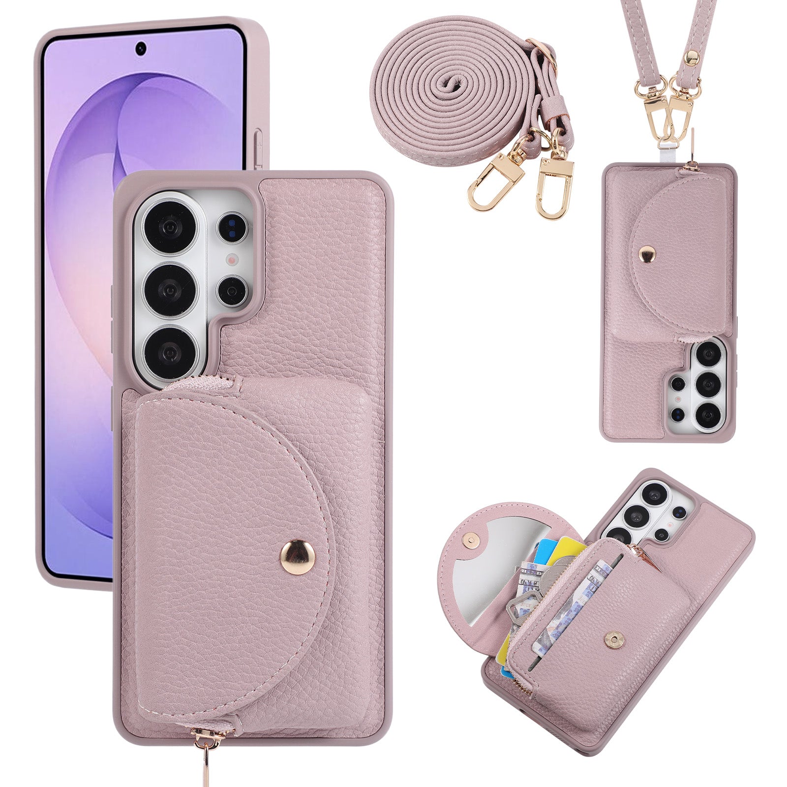 Sunyi Fashion Wallet Phone Case with Mirror & Crossbody Strap, PU Leather Card Holder Case for Samsung Galaxy S26/S25/S24 Series