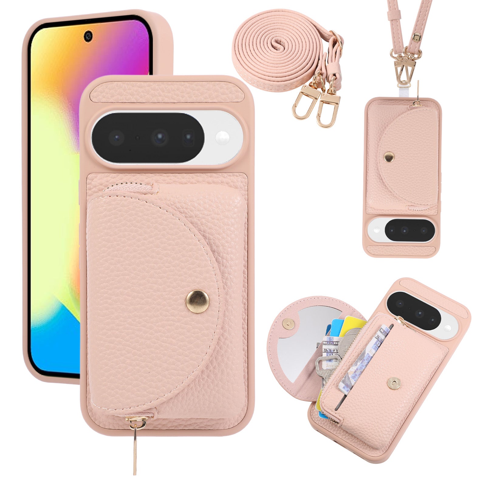 Sunyi Fashion Wallet Phone Case with Mirror & Crossbody Strap, Leather Card Holder Case for Google 10/9 Series