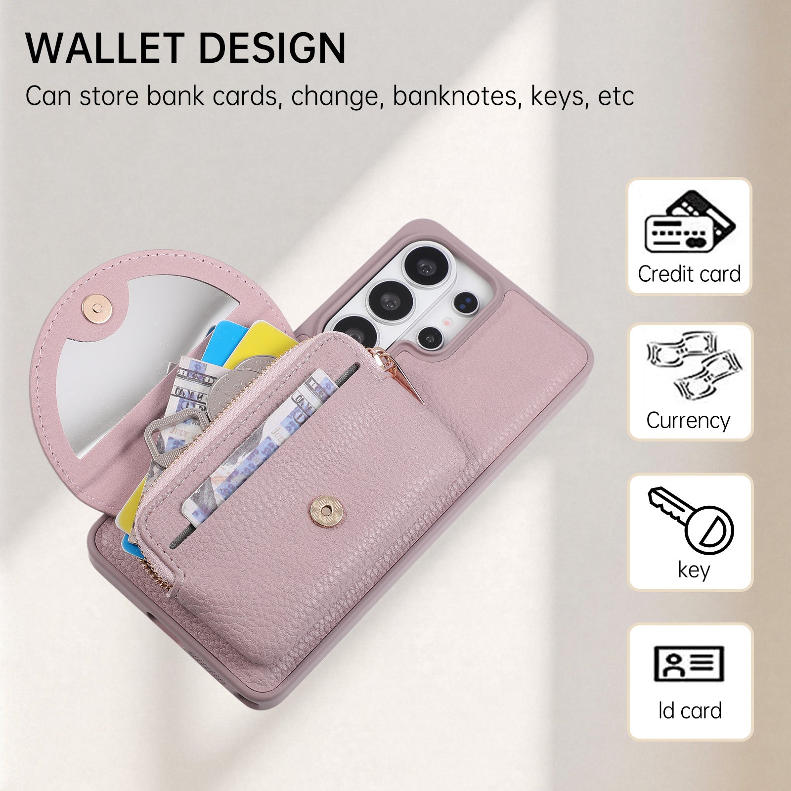 Sunyi Fashion Wallet Phone Case with Mirror & Crossbody Strap, PU Leather Card Holder Case for Samsung Galaxy S26/S25/S24 Series