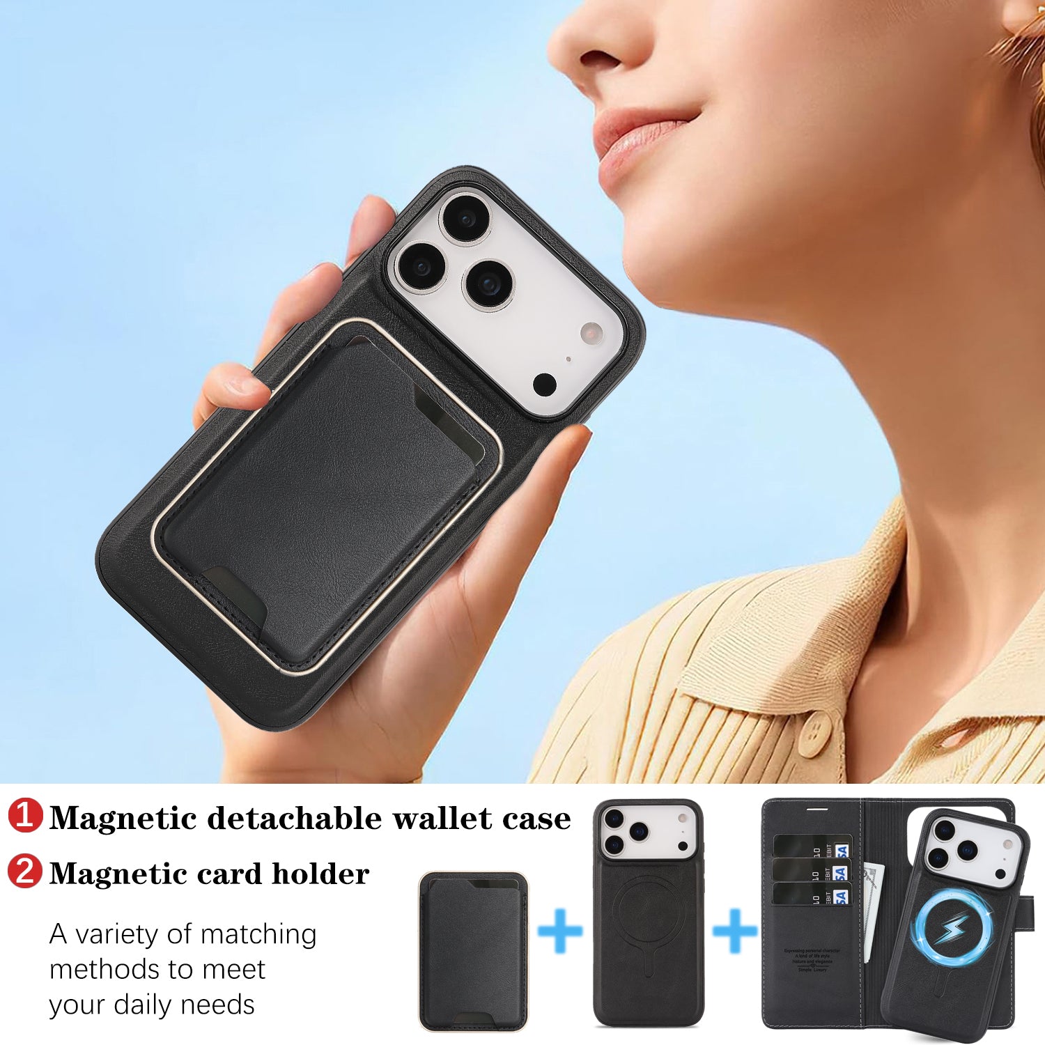 SunAram Magnetic Leather Wallet Case for iPhone (17/16/15/14 Series)   with N52 Magnet, MagSafe Wireless Charging, 3 Card Slots & Slim Card Holder