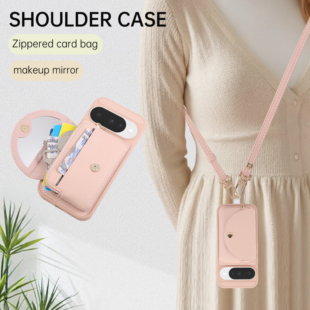 Sunyi Fashion Wallet Phone Case with Mirror & Crossbody Strap, Leather Card Holder Case for Google 10/9 Series