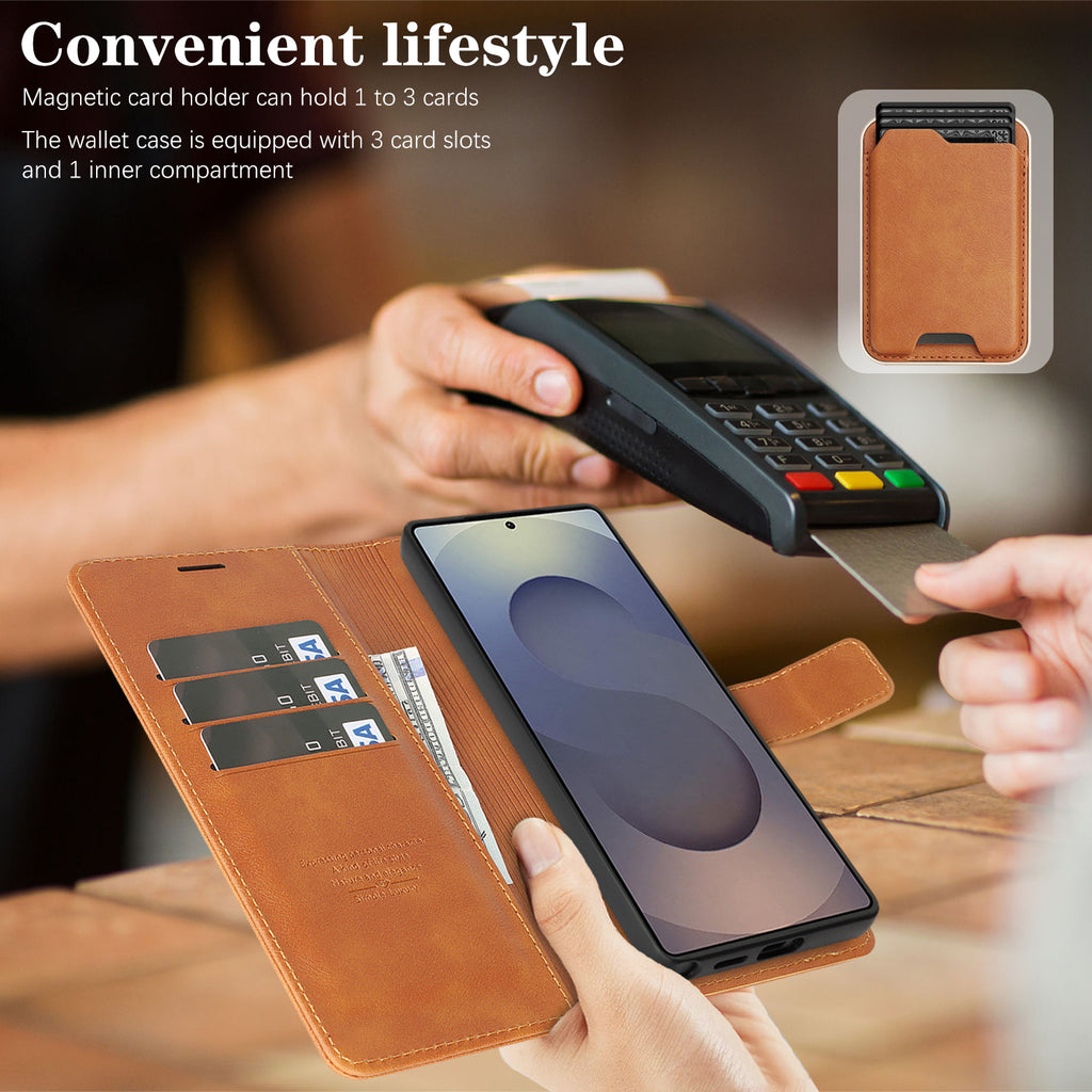 SunAram Magnetic Leather Wallet Case for Samsung Galaxy (S26/S25/S24 Ultra/Plus) with N52 Magnet, MagSafe Wireless Charging, 3 Card Slots & Slim Card Holder