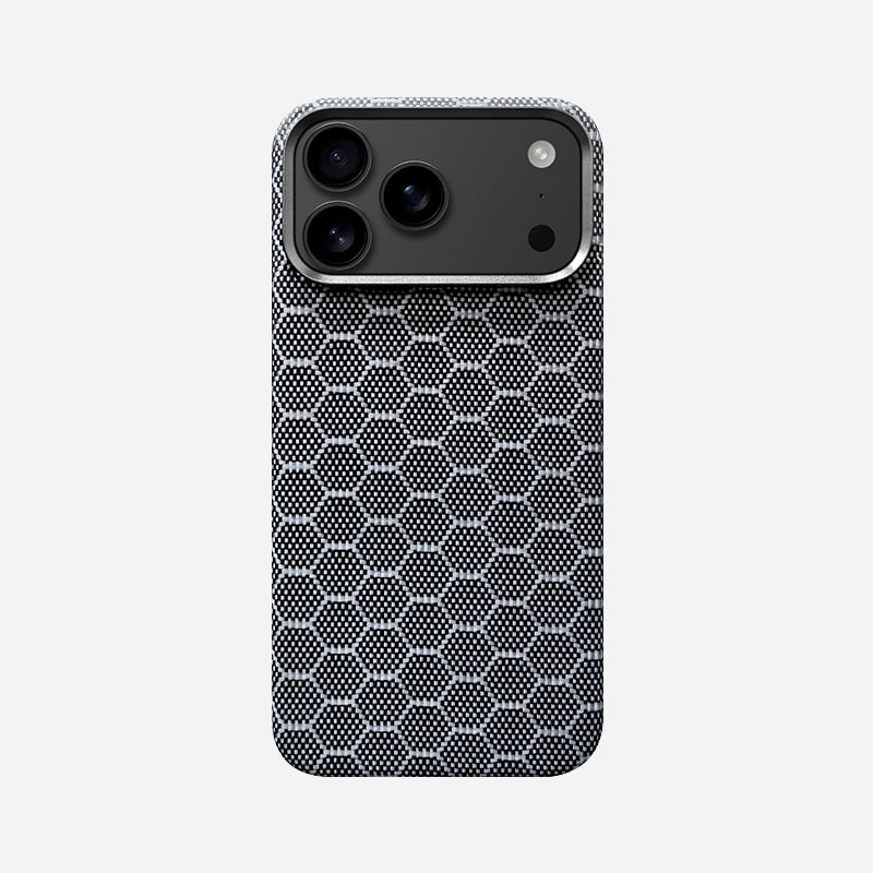 Hex Grey aramid fiber case for iPhone 18 with a woven honeycomb pattern in light grey