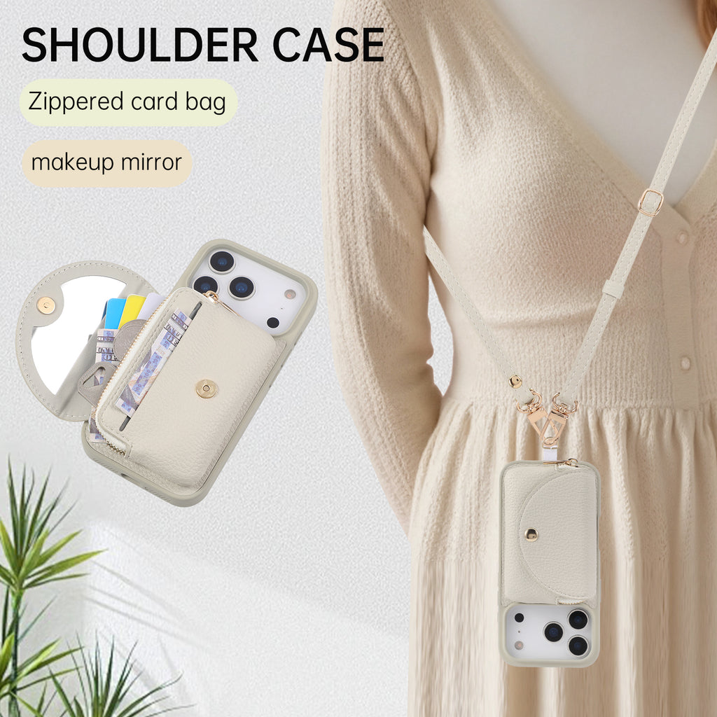 Sunyi Women Fashion Card Wallet Phone Case with Makeup Mirror & Crossbody Lanyard for iPhone Air 17 16 15 14 13 Pro Max Plus