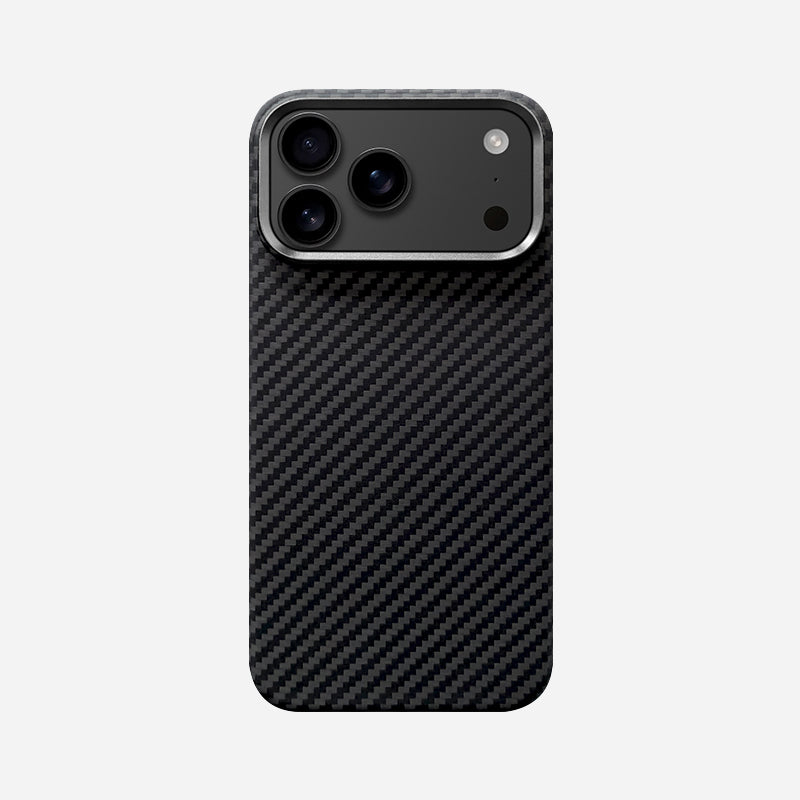 Twill Black aramid fiber case for iPhone 18 with a classic diagonal twill weave in black