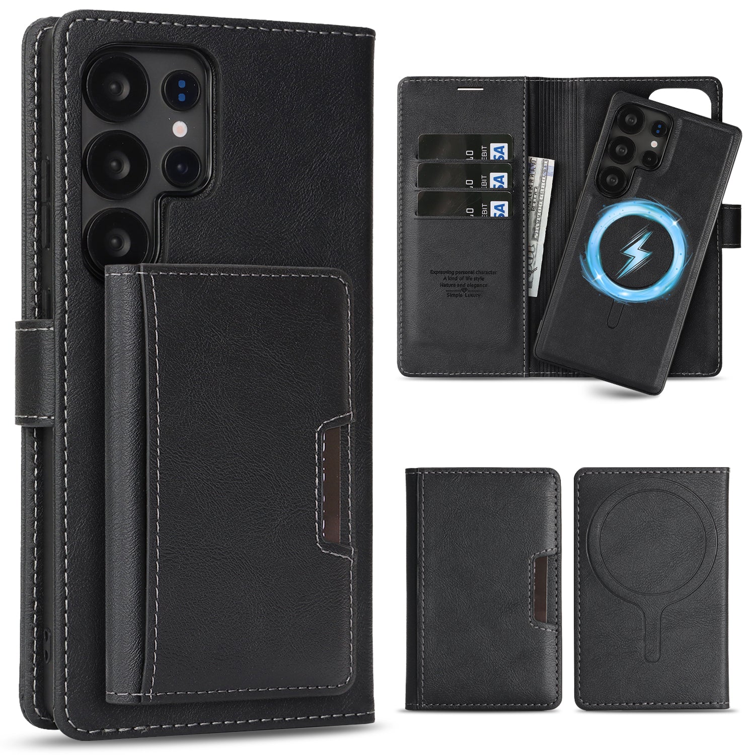 SunAram Magnetic Leather Wallet Case for Samsung Galaxy (S24/S25/S26 Ultra/Plus), N52 Ring Magnet, MagSafe Wireless Charging, 3 Card + 1 Wallet Slots & 2-Fold 5-Card Holder