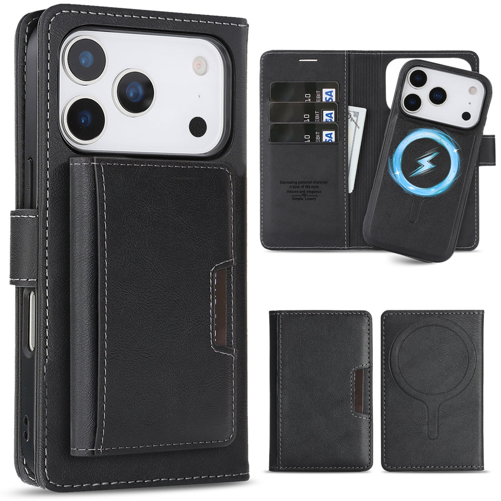 SunAram Magnetic Leather Wallet Case for iPhone (17/16/15/14 Series), N52 Ring Magnet, MagSafe Wireless Charging, 3 Card + 1 Wallet Slots & 2-Fold 5-Card Holder