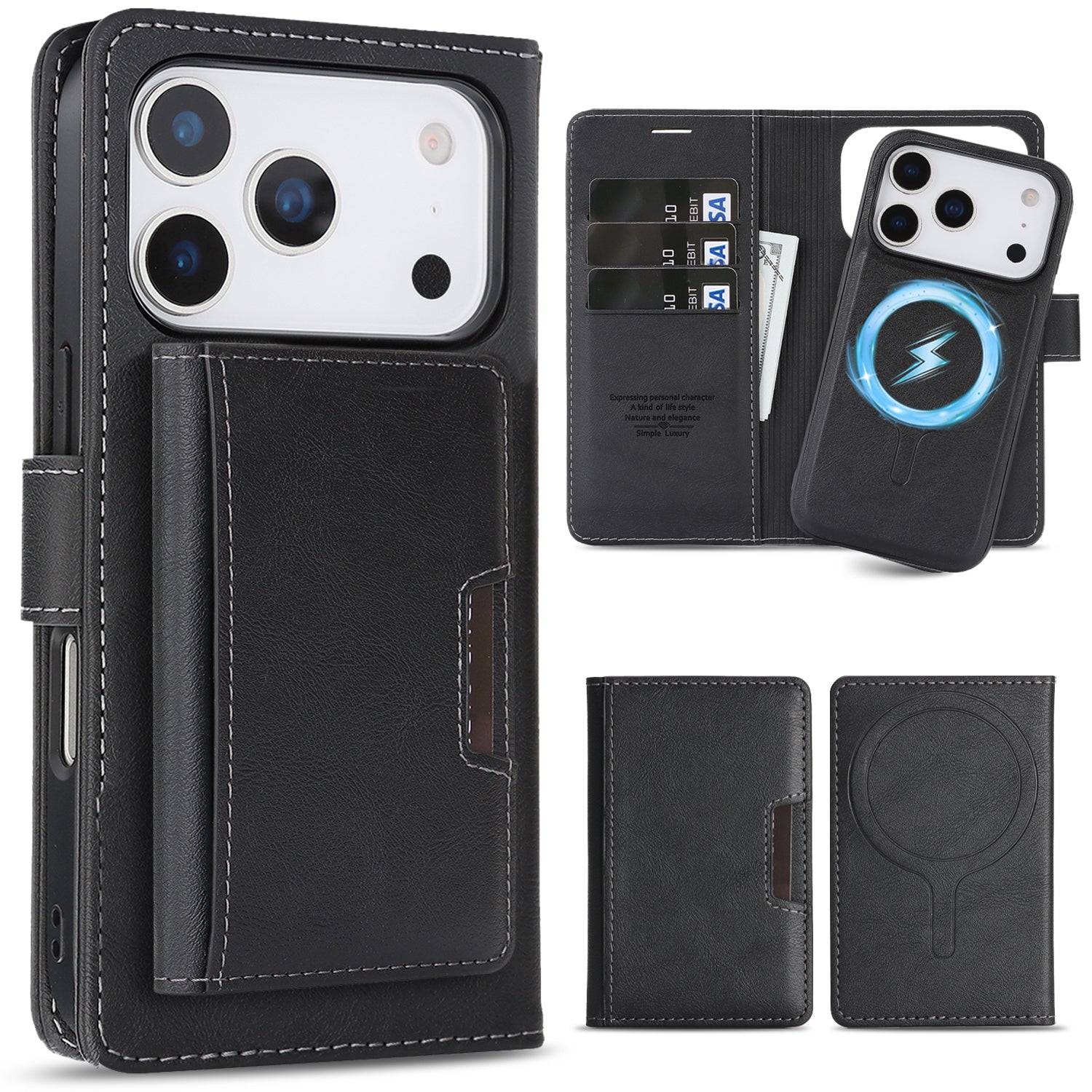 SunAram Magnetic Leather Wallet Case for iPhone (17/16/15/14 Series), N52 Ring Magnet, MagSafe Wireless Charging, 3 Card + 1 Wallet Slots & 2-Fold 5-Card Holder