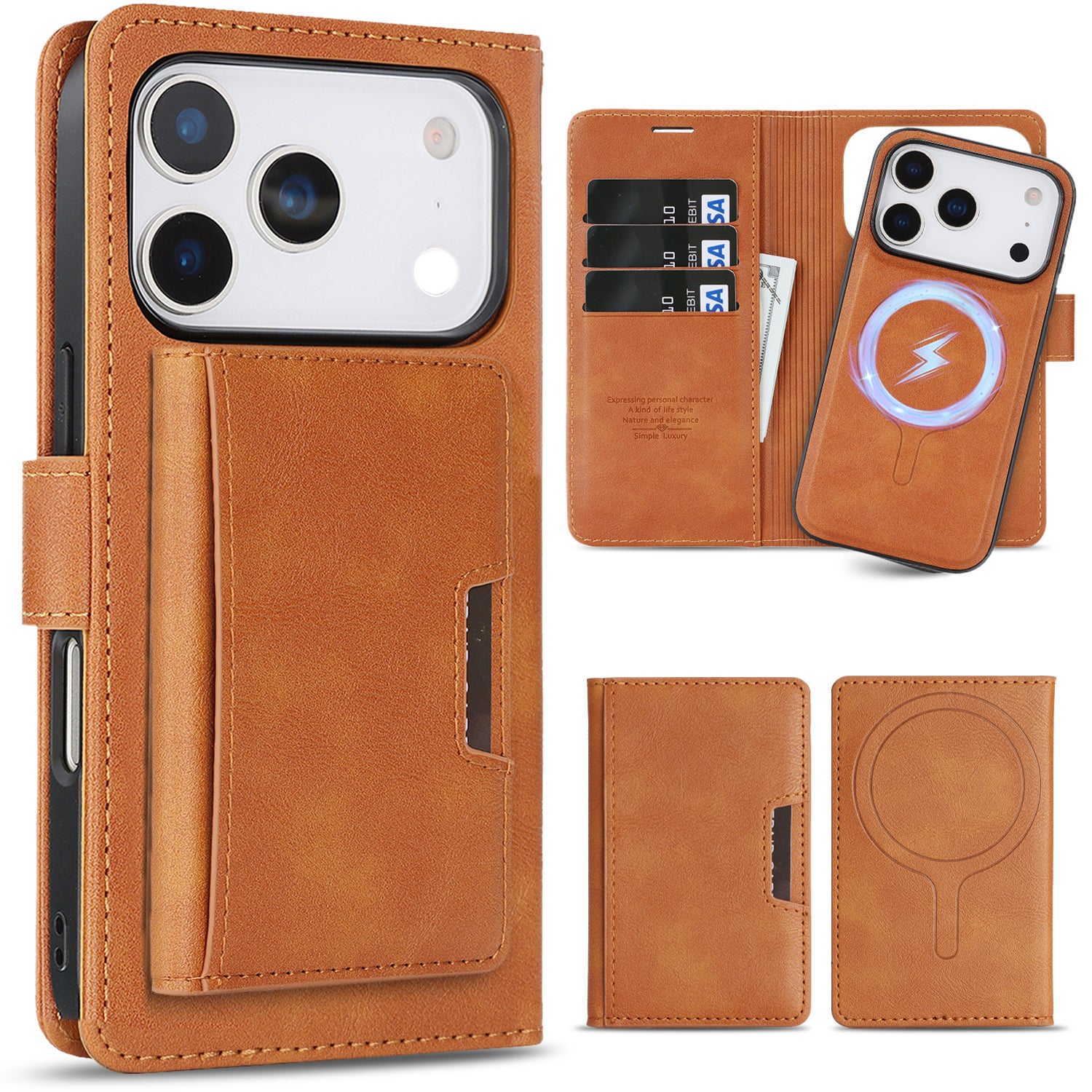 SunAram Magnetic Leather Wallet Case for iPhone (17/16/15/14 Series), N52 Ring Magnet, MagSafe Wireless Charging, 3 Card + 1 Wallet Slots & 2-Fold 5-Card Holder