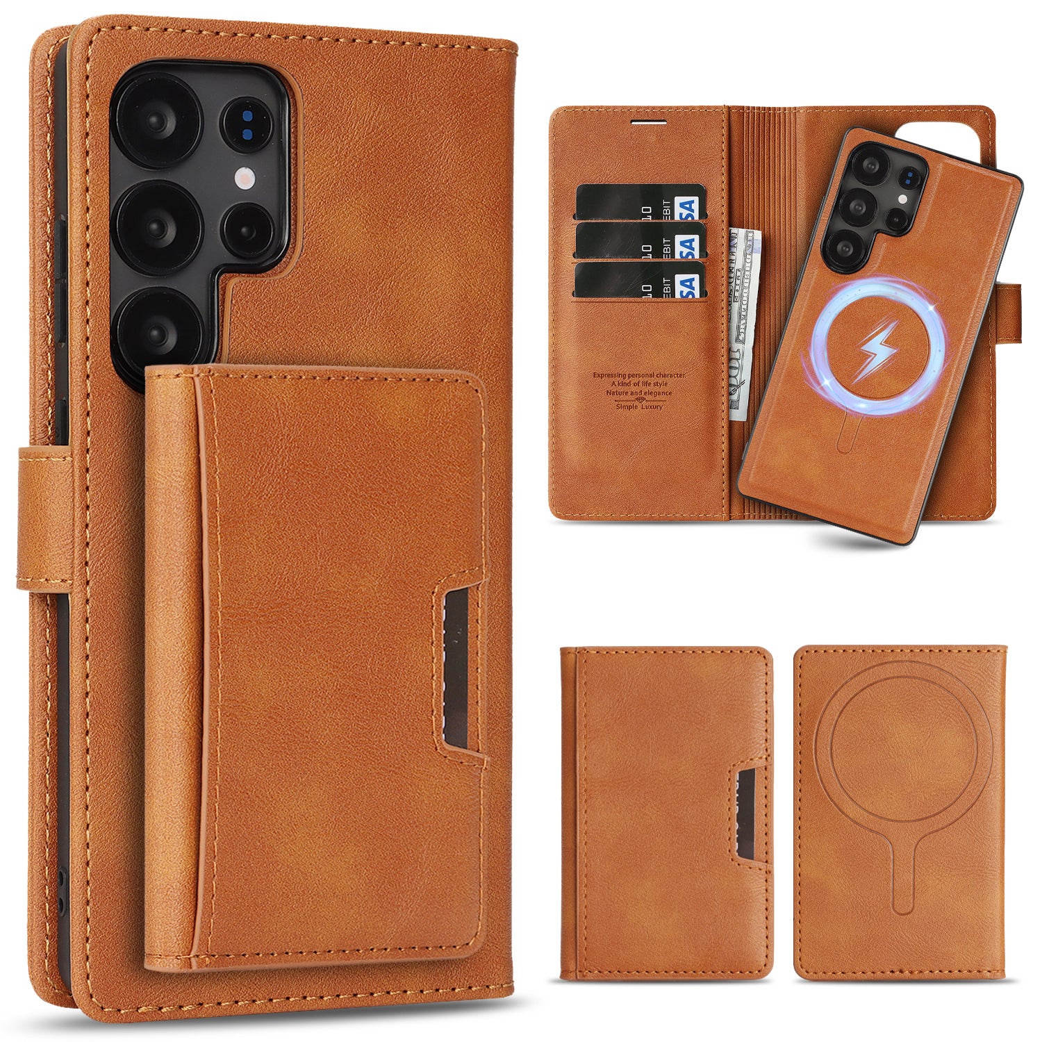 SunAram Magnetic Leather Wallet Case for Samsung Galaxy (S24/S25/S26 Ultra/Plus), N52 Ring Magnet, MagSafe Wireless Charging, 3 Card + 1 Wallet Slots & 2-Fold 5-Card Holder