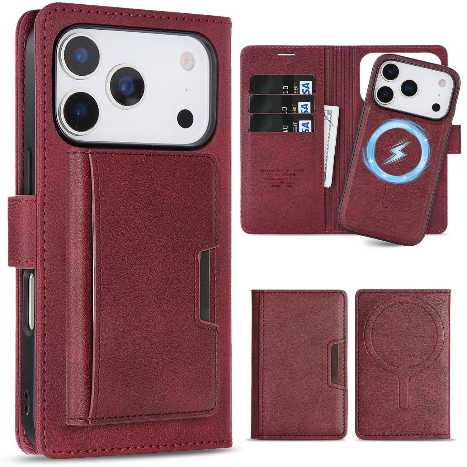 SunAram Magnetic Leather Wallet Case for iPhone (17/16/15/14 Series), N52 Ring Magnet, MagSafe Wireless Charging, 3 Card + 1 Wallet Slots & 2-Fold 5-Card Holder