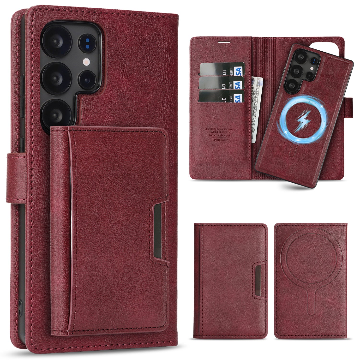 SunAram Magnetic Leather Wallet Case for Samsung Galaxy (S24/S25/S26 Ultra/Plus), N52 Ring Magnet, MagSafe Wireless Charging, 3 Card + 1 Wallet Slots & 2-Fold 5-Card Holder
