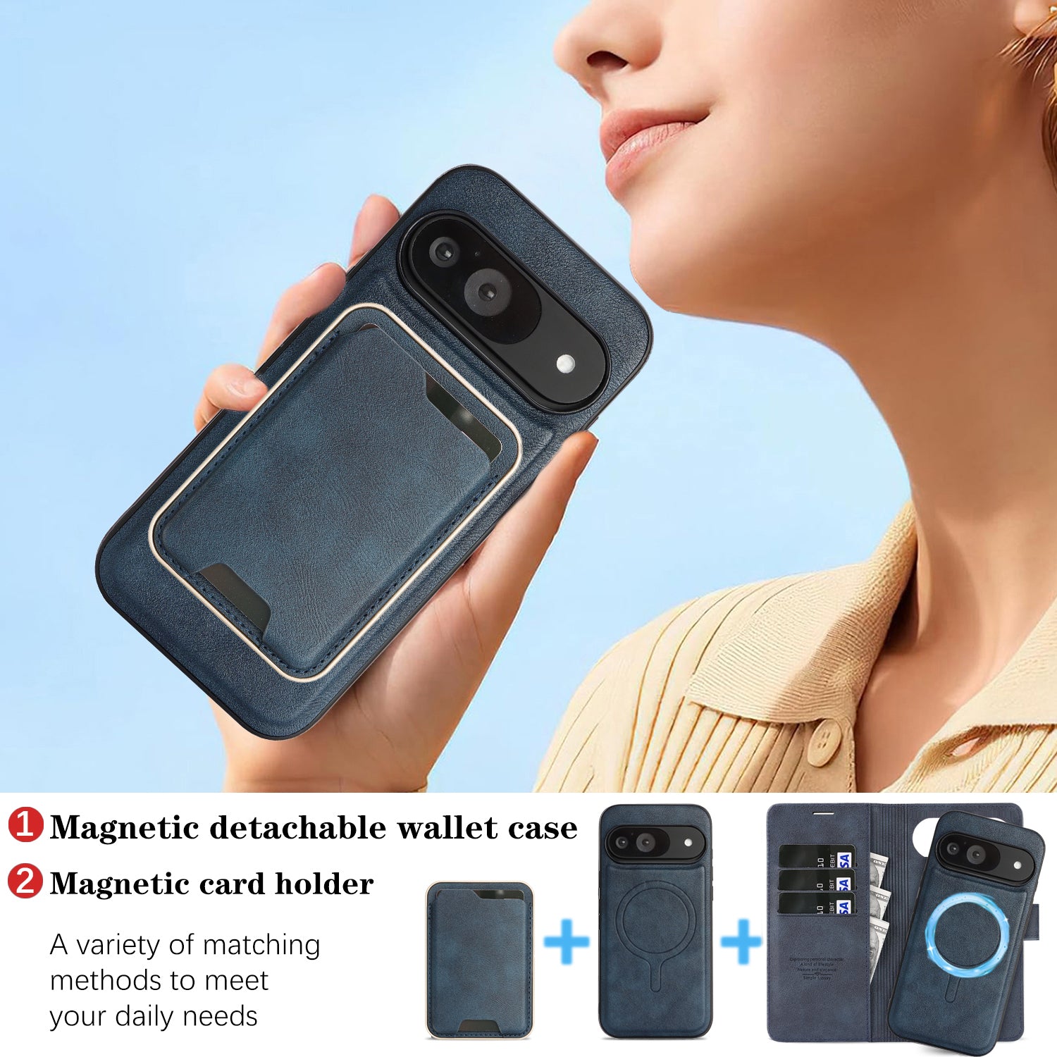 SunAram Magnetic Leather Wallet Case for Google Pixel (10/9 Pro XL/Pro/A)   with N52 Magnet, MagSafe Wireless Charging, 3 Card Slots & Slim Card Holder
