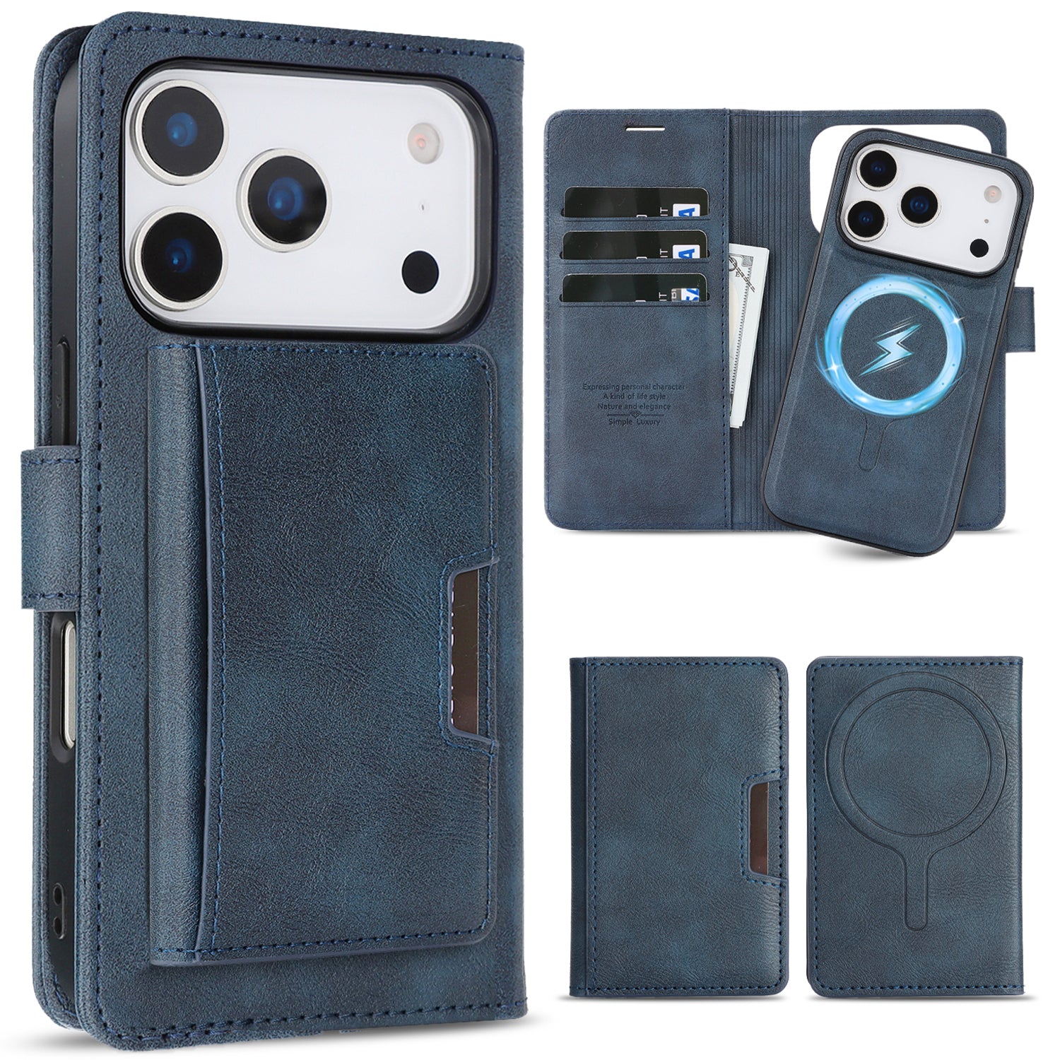 SunAram Magnetic Leather Wallet Case for iPhone (17/16/15/14 Series), N52 Ring Magnet, MagSafe Wireless Charging, 3 Card + 1 Wallet Slots & 2-Fold 5-Card Holder